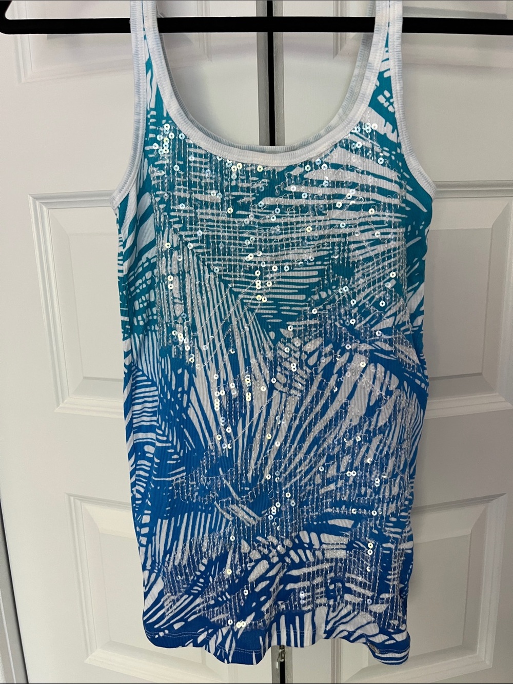 A/X Armani Exchange Blue Teal Ombre Palm Sequin Tank